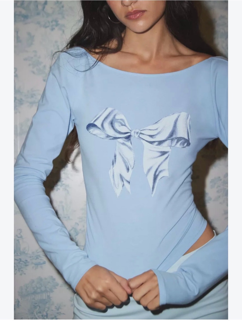Urban Outfitters Light Blue Long-Sleeve Tee with White Bow Print